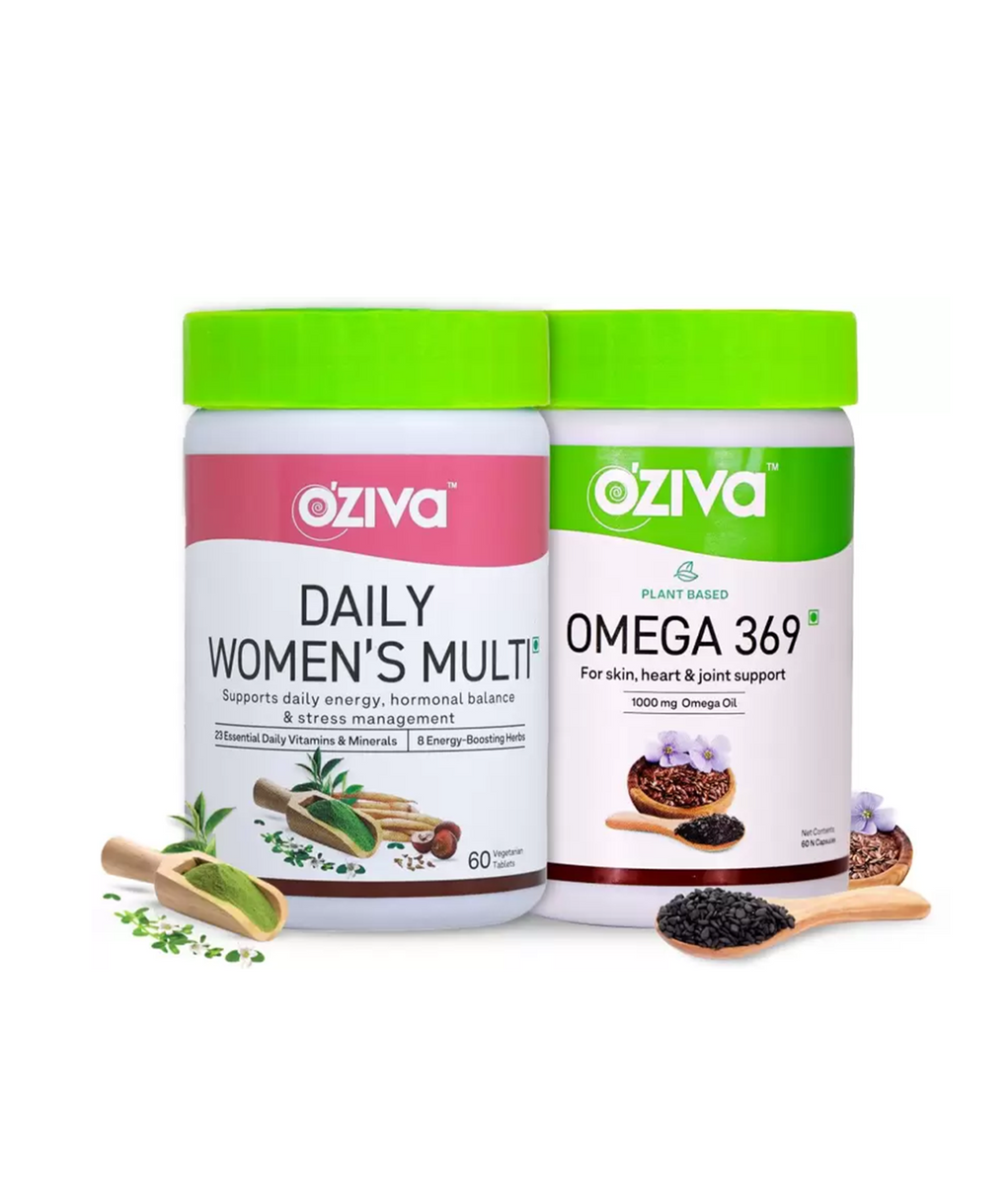 OZiva Daily Multivitamin Tablets for Women's Energy & Hormonal Balance   Multivitamins with Iron + Omega 369 Capsules for Heart, Brain & Joint Health